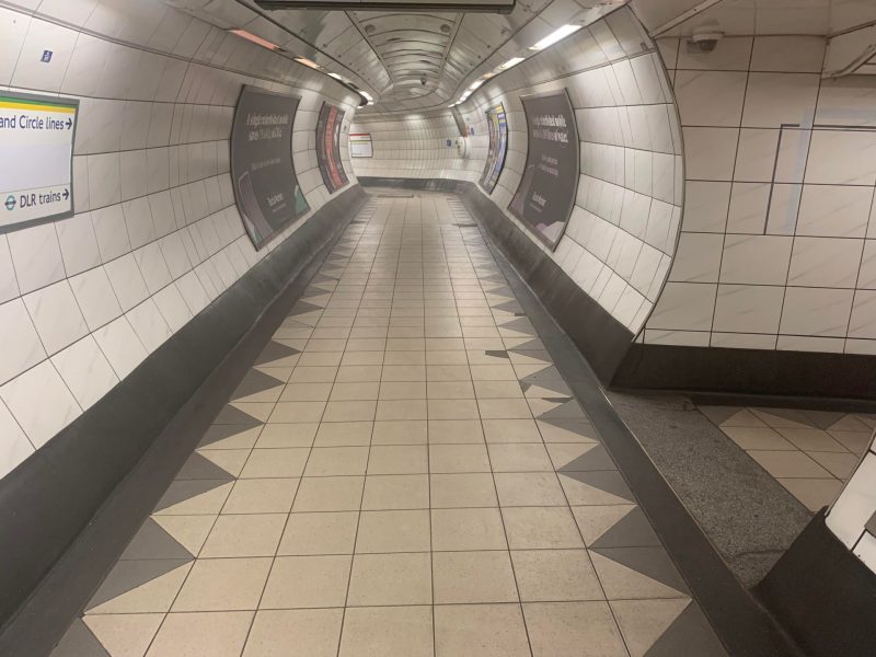 The pathway to the platform at St Paul's Underground Station