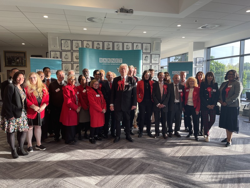 Barnet Labour Council leader Barry Rawlings celebrates landmark victory with fellow Party members