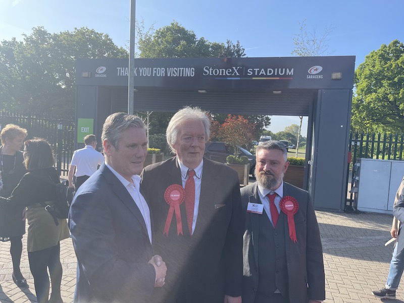 Keir Starmer celebrates Labour Party victory in Barnet with Barry Rawlings outside Saracens Stadium