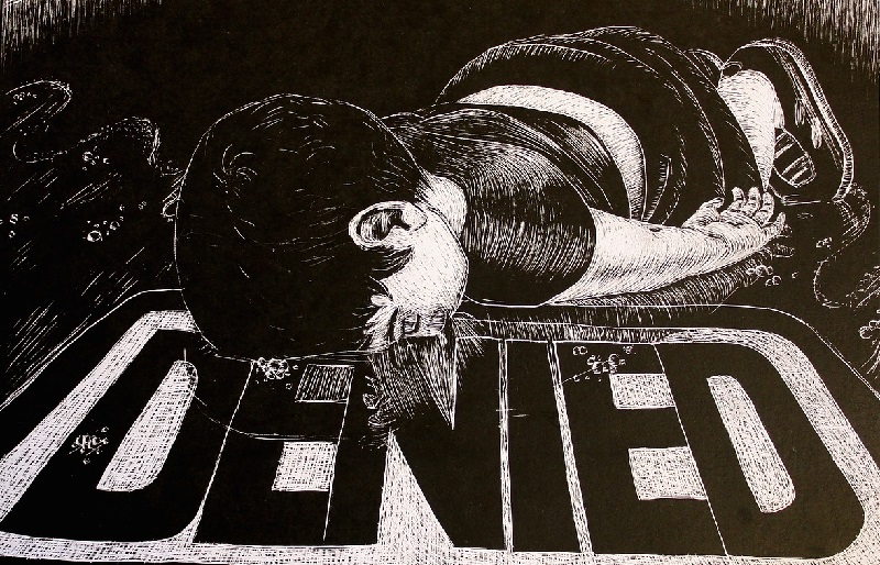 Immigration illustration of Syrian refugee face down in a puddle over the word 'denied' in capital letters