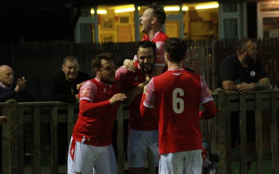 Uxbridge players celebrate Jordan Ireland’s 71st-minute equaliser against Dover Athletic in the Second Round