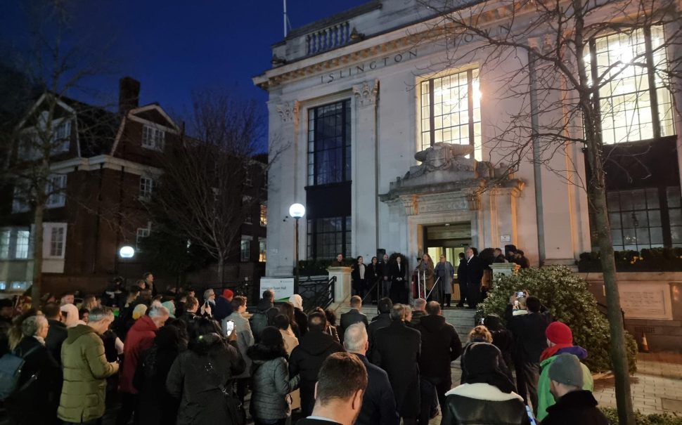 Crowd outside Islington Town Hall for the earthquake vigil