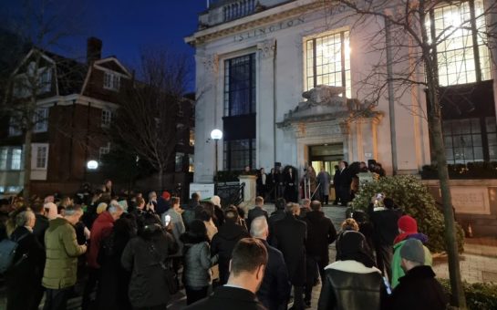 Crowd outside Islington Town Hall for the earthquake vigil
