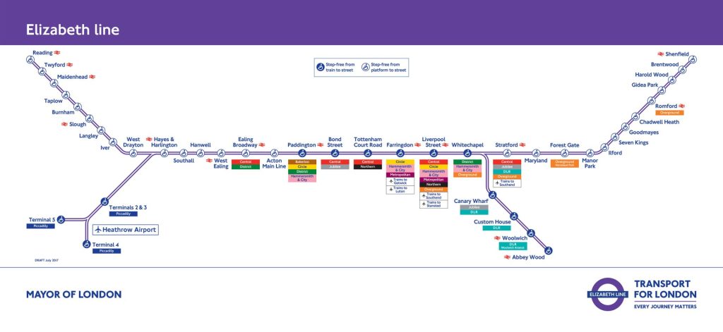 An image of Elizabeth line tube map of stations, from Reading to Abbeywood and Shenfield. 