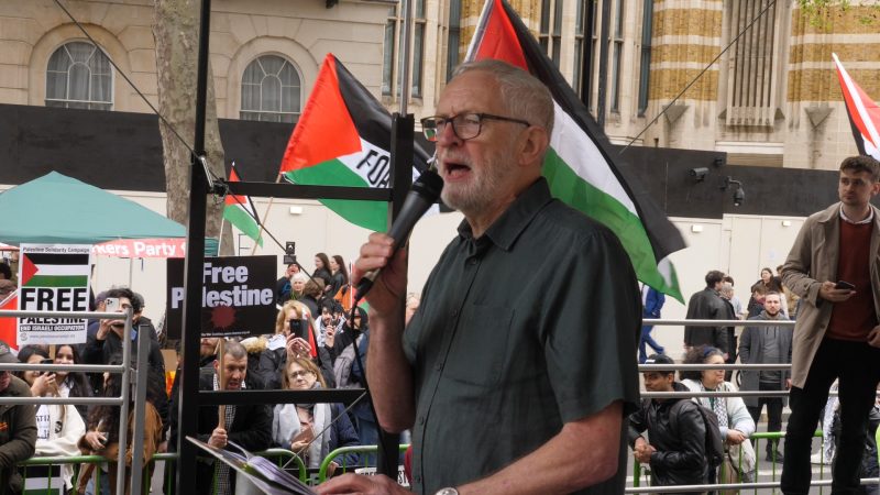 Corbyn delivered his speech at the end of the march outside Downing Street.