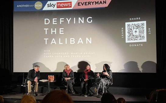 Photograph showing the panel consisting left to right of Martin Bright, Alex Crawford, Zahra Joya and Zehra Zaidi. The panel are on stage at the Everyman cinema in Borough, London.