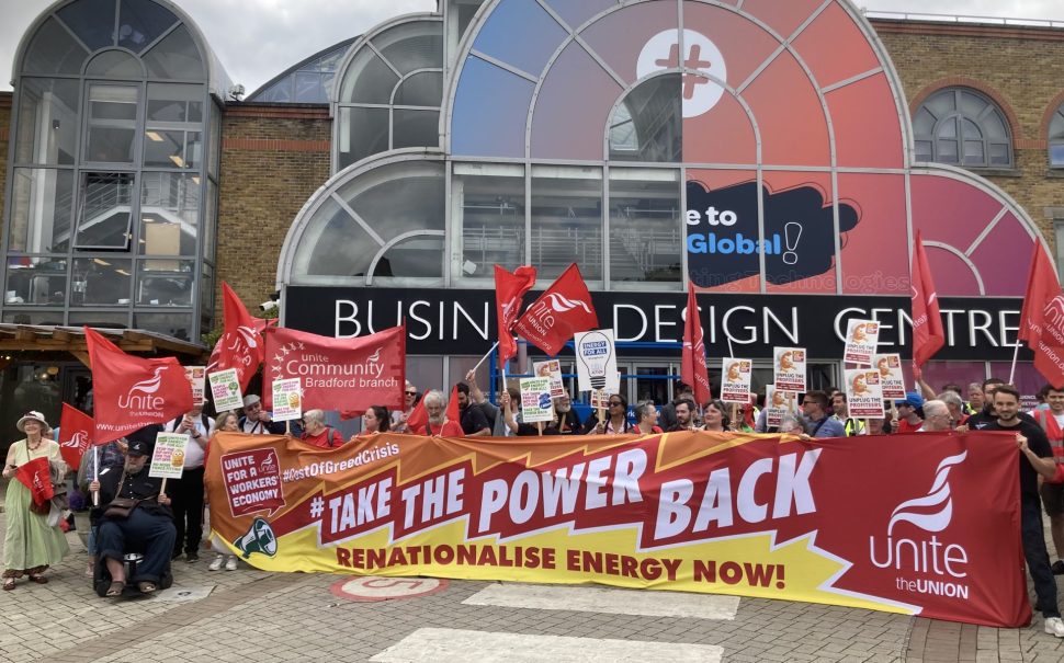Unite Union protestors outside the London Business Design Centre