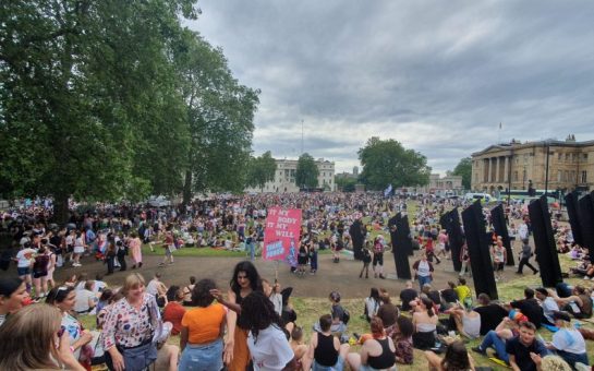 A vantage-point image of the thousands who attended Trans Pride 2023 at Hyde Park Corner.