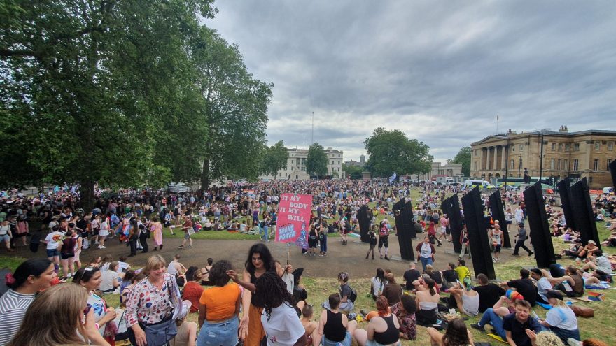 A vantage-point image of the thousands who attended Trans Pride 2023 at Hyde Park Corner.
