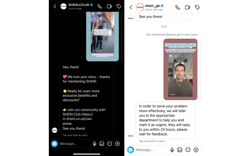 Screenshots of automated responses from SHEIN that read: "We love your story - thanks for mentioning SHEIN. Ready for even more exclusive benefits and discounts?" [First image] "In order to solve your problem more effectively, we will refer you to the appropriate department to help you and mark it as urgent, they will reply to you within 24 hours, please wait for feedback."
