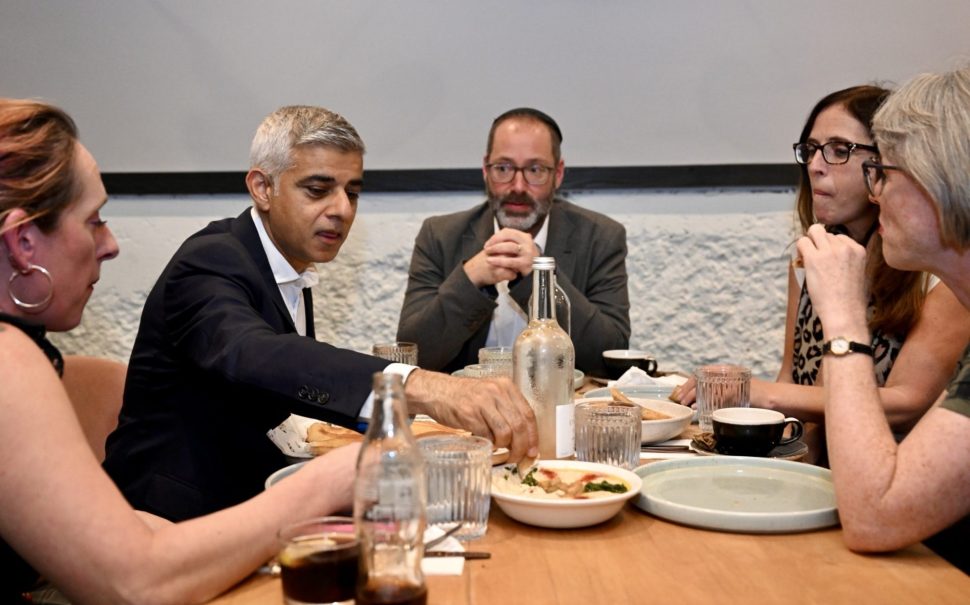 Sadiq Khan dining at Darna restaurant with Rabbi Josh Levy, Rabbi Charley Baginsky, Deputy Mayor Sophie Linden and Chancellor Sarah Conway
