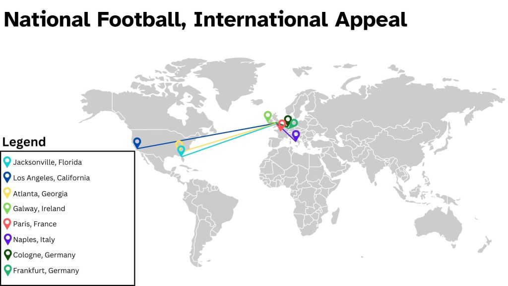 map of the world with pins in places that people travelled from. There is a teal pin for Jacksonville, Florida. A navy pin for Los Angeles. A forest green pin for Cologne, Germany. A turquise pin for Frankfurt, Germany. A purple pin for Naples, Italy. An orange pin for Paris, France. And a light green pin for Galway, Ireland. 