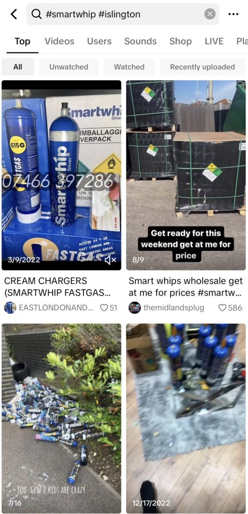 Image of TikTok search results that show posts of nitrous oxide dealers on social media selling in Islington