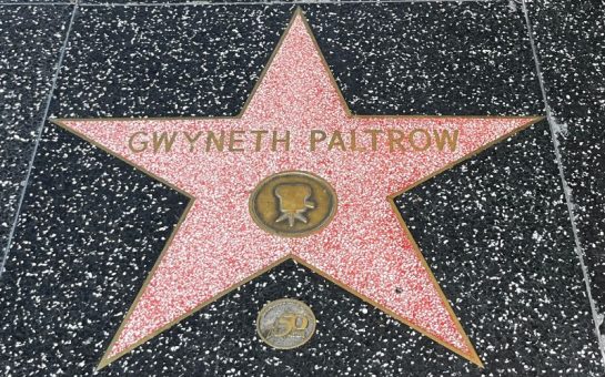 Gwyneth Paltrow's Walk of Fame star. A pink star with gold writing which says her name and an image of a camera below.