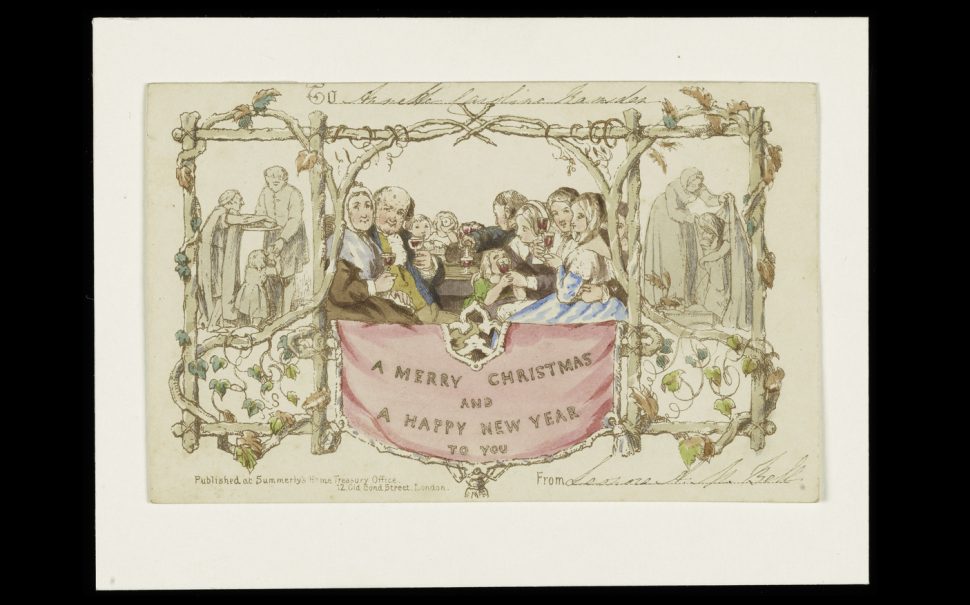 The first ever Christmas card, showing a family gathered around a table for a meal, as well as charitable acts of feeding and clothing the poor.