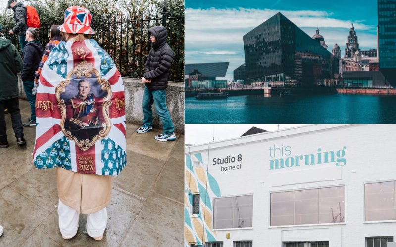 Composite photo displaying woman wearing King Charles III cape, Liverpool skyline, and ITV's This Morning studio