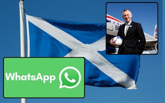 a picture of the Scottish Flag, with a picture of Gary Lineker and of the Whatsapp logo inset into the photo