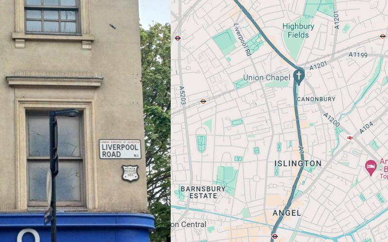 Split image, one side showing a photo of a Liverpool Road sign. The other side is from Google Maps, displaying where Liverpool Road is. 