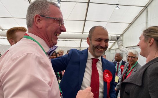 Labour's Bassam Mahfouz celebrates victory.