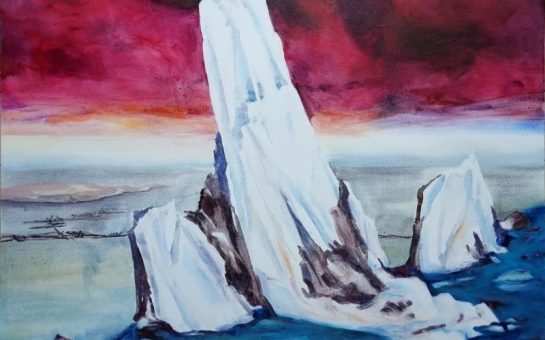 A painting of a glacier against a red sky. The glacier is white and sharply pointed towards the sky.