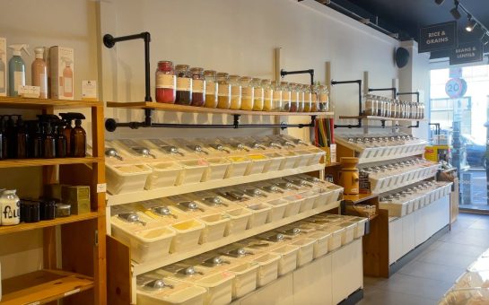 The interior of a sustainable grocery store
