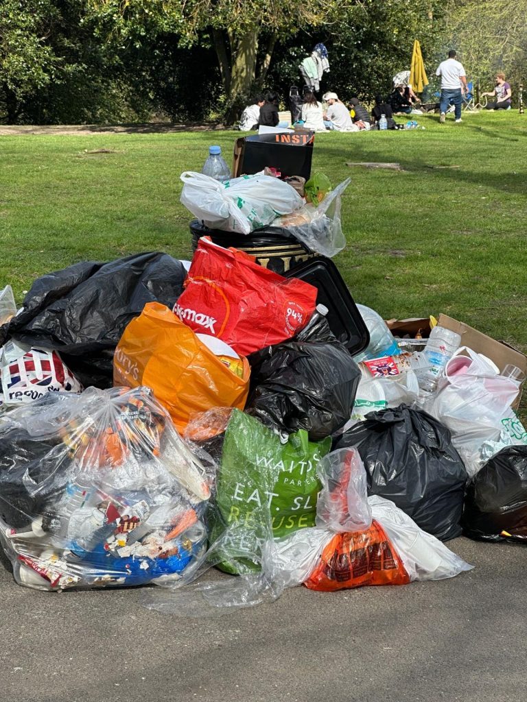 Overflowing waste leftover from BBQ’s in Waterlow Park. (Image credit: Lucy Tauber)