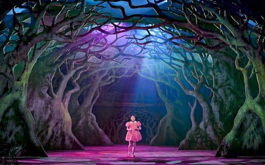Mei (Victoria Chen) wearing a pink dress and walking through the forest. (Picture credit: Manuel Harlan)