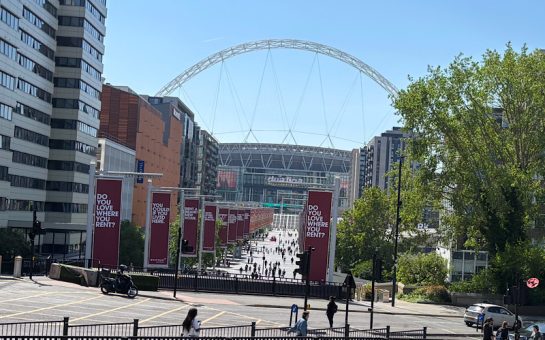 Wembley Way with Wembley Stadium in the background.