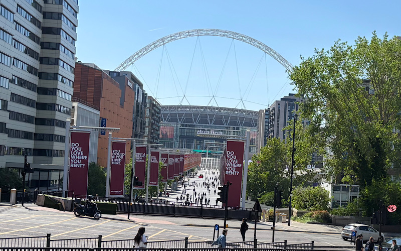 Wembley Way with Wembley Stadium in the background.
