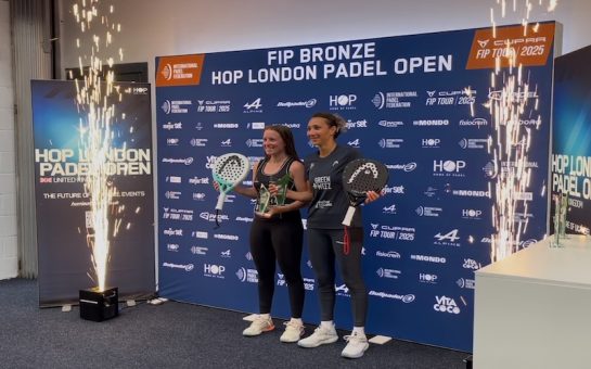 Carla Touly and Jessica Ginier Barbier celebrating their win at the HOP London Padel Open (Picture credit: Charlotte Wilson)