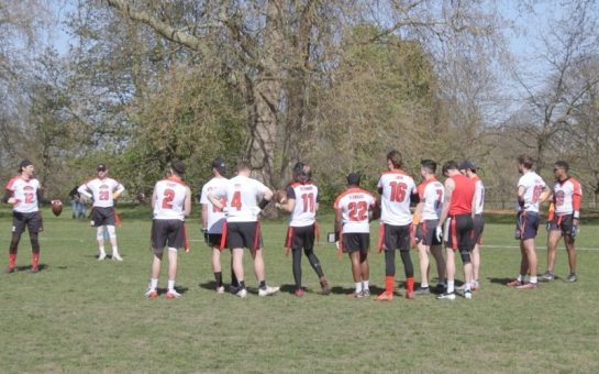 London Rebels huddle and listen to an address by captain Brian Taber