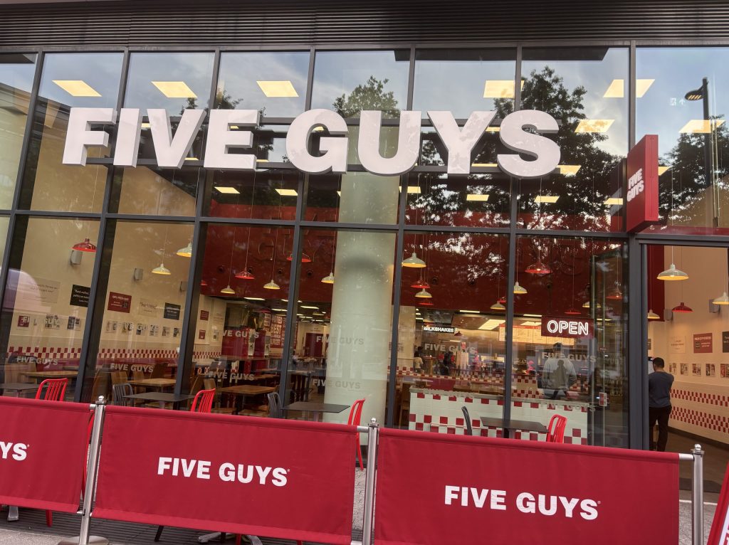 The exterior of Wembley Park Five Guys.