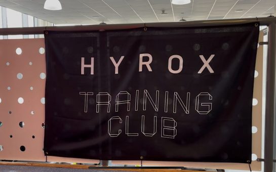 A Hyrox training club flag at The Gym Group in Wembley Park.