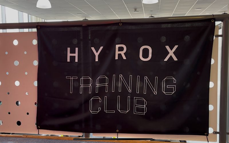 A Hyrox training club flag at The Gym Group in Wembley Park.