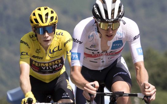 Tour de France riders Vingegaard and Pogačar by Filip Bossuyt. 19 July 2022. Wikimedia Commons.