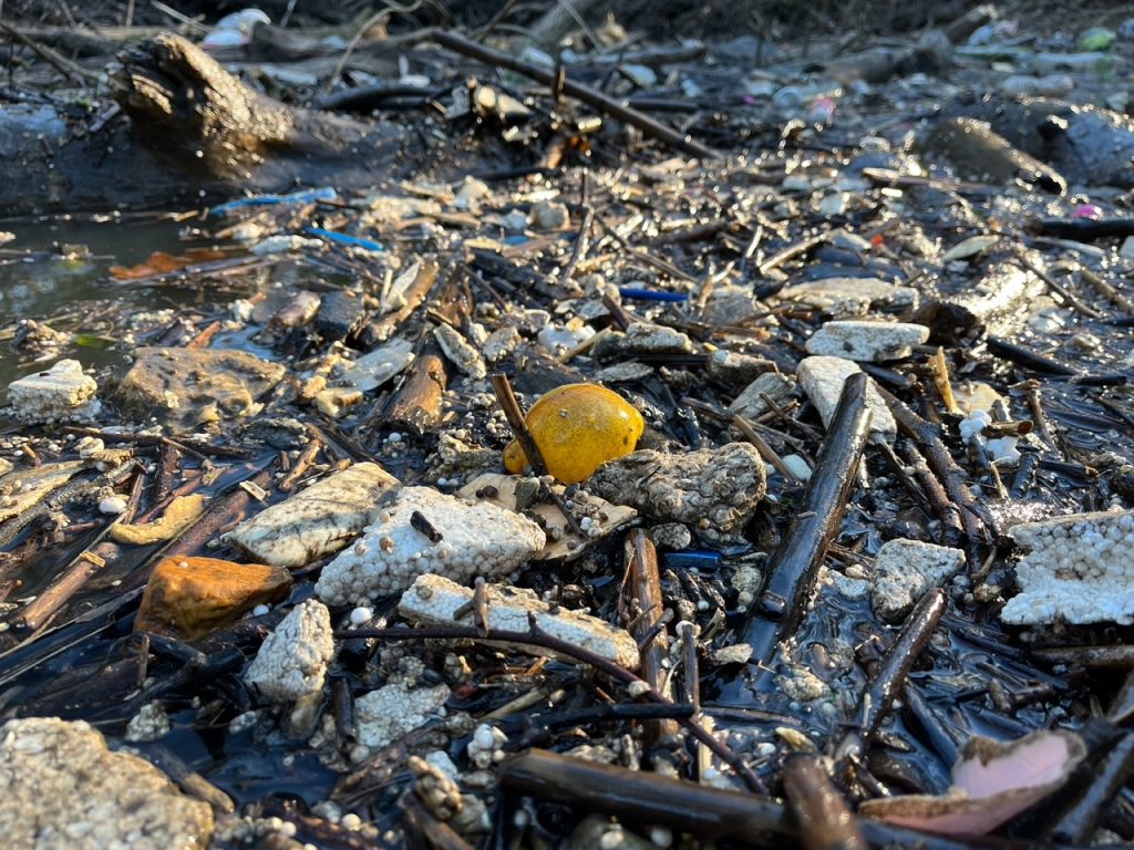 Rubbish on the edge of a river, including styrofoam and plastic.