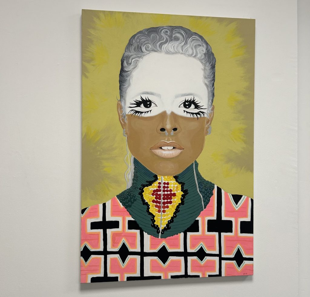 Painted image of RnB musician Kelis inspired by her 'Acapella' music video. Displayed in Civic Action Hub, for 'From Kitchen Table to Gallery Wall' Art Exhibition. 