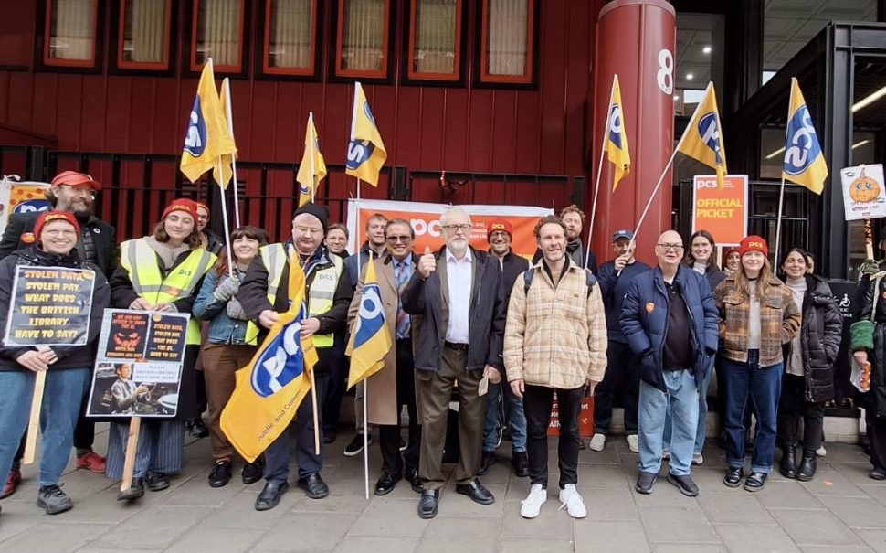 Jeremy Corbyn with striking workers outside the British Library
