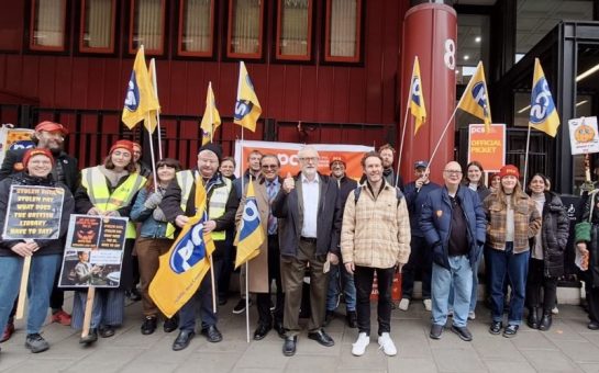 Jeremy Corbyn with striking workers outside the British Library