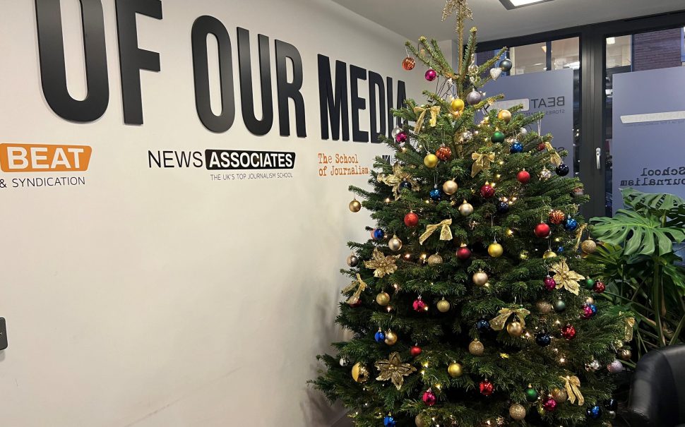 A decorated Pines and Needles Christmas tree in our office.