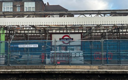 The eastbound platform at Barons Court tube station undergoing repairs