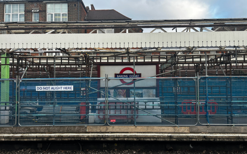 The eastbound platform at Barons Court tube station undergoing repairs