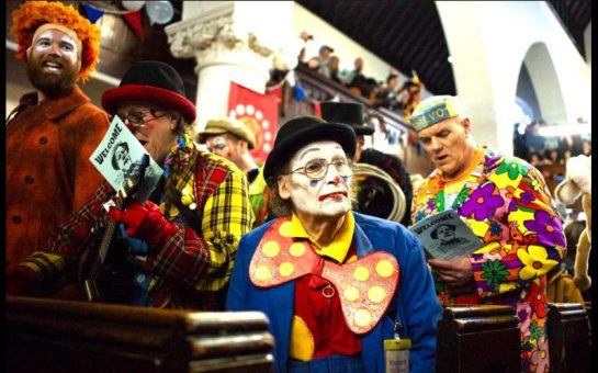 a photo of clowns in church