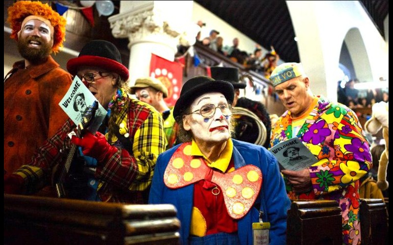 a photo of clowns in church