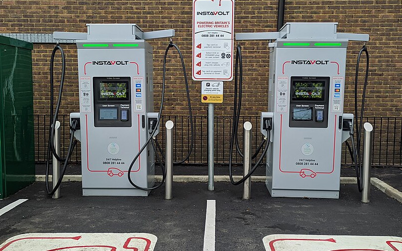 Set of two electric vehicle charging stations in the car park for McDonalds in East Grinstead, shortly after the activation of the EVSEs.
