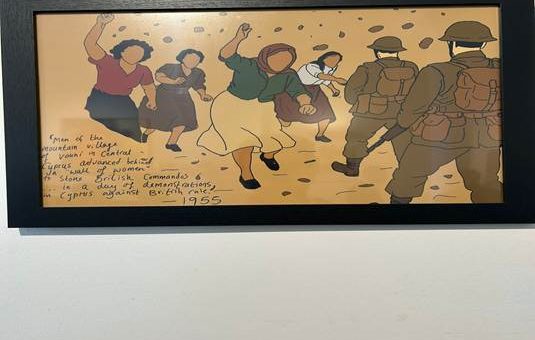 Image of painting from the Cypriot embassy depicting Cypriot women stoning British soldiers