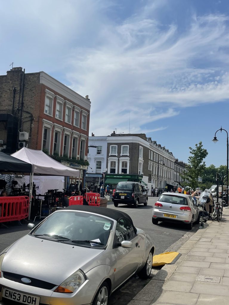 Gazebos along Chalcot Road where film crew shade while filming new movie staring Ben Stiller