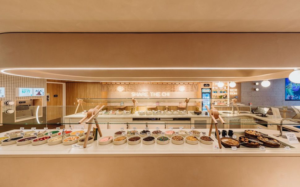 A wide angle photo of YoChi's topping offering, laid out in store.