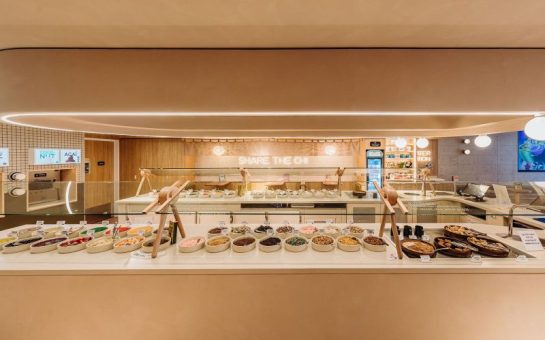 A wide angle photo of YoChi's topping offering, laid out in store.