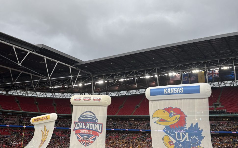 The teams' flags inside Wembley Stadium